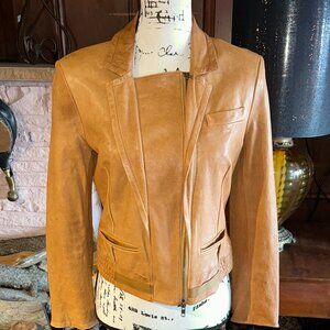 DIANE VON FURSTENBERG Buttery Soft Moto-Inspired Leather Jacket, Camel, Sz 4-6